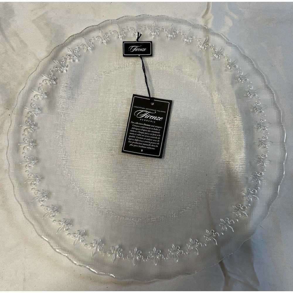 Firenze Verrerie‎ Italian Glass Platter Fleur de Lis Embossed Clear 13 inch NWT